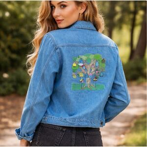 Mili Designs Denim Jacket XL Birdhouse Embroidered Back Trucker Womens Vintage